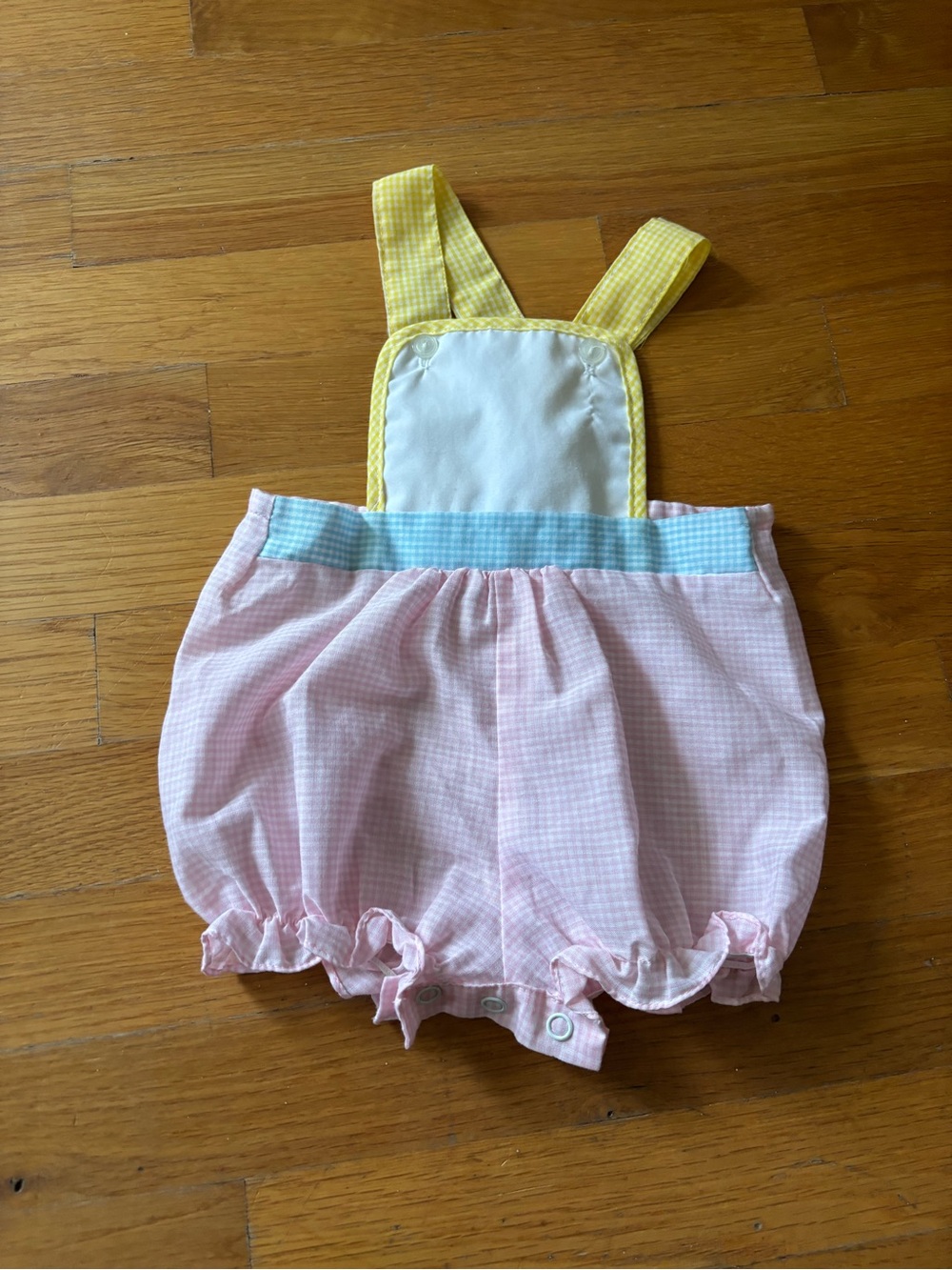 Vintage Pink Gingham Baby Romper with Yellow Straps